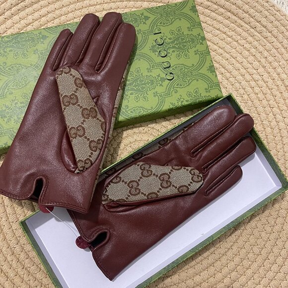 Gucci Accessories - Gucci Brown Monogram Leather Gloves